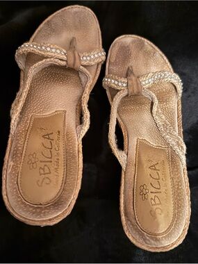 Sbicca Tan Braided Thong Sandals with Rhinestone Accent